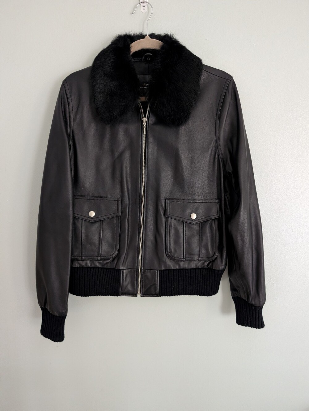 Lord & Taylor Black Leather Bomber Jacket with Removable Fur Collar‎ Sz 14
